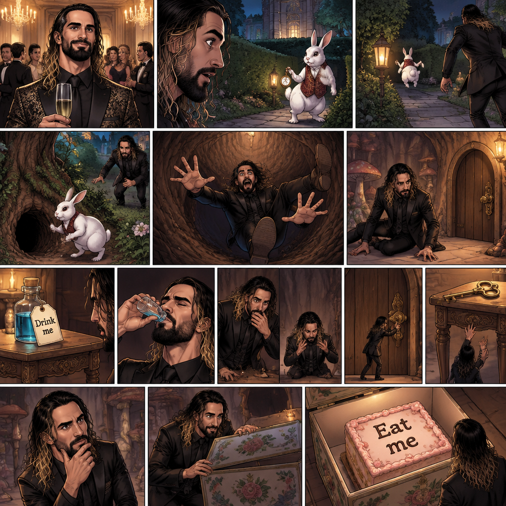 Seth Rollins was at a fancy party,Then he sees a white rabbit outside.It’s wearing a fancy vest and holding a pocket watch and it’s looking at him.Then it starts hopping away and Seth followed it.The rabbit kept hopping and Seth kept following,Until the rabbit jumped down the rabbit hole.Seth looked in the hole…Then he leaned in to far and started falling down the hole. “AHHHH!” Seth Yelled.He kept falling and falling,Till eventually he landed on the bottom.He looked at his surroundings,then he noticed a small door in front of him.He turned around and noticed a small table behind him,there’s a small potion on top of it and with a note attached to it that says “drink me”.He took the potion and took a sip,He coughed a little,Puts the potion back and shrinks (literally).He ran to the door and turned the handle…Its locked.He found the key…and it’s…the table,He’s too small to reach it.he looks around for a solution,Then he sees a box,He opens it,inside is a square shaped cake with writing on it that says “Eat me”