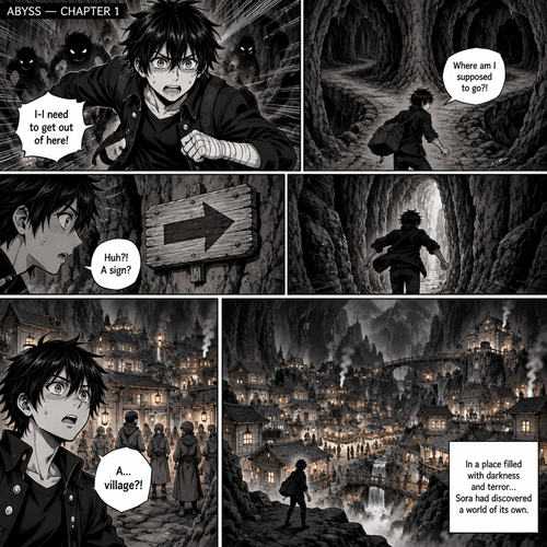 ABYSS — CHAPTER 1

Page 3: The Hidden Village

Sora Amamiya — Character Appearance: A 17-year-old boy with messy, layered jet-black hair, sharp irregular spikes, uneven bangs, and light-grey eyes with dark pupils. He wears a fitted black high-collar jacket with silver buttons, a dark shirt, black trousers, a black belt with a rectangular silver buckle, black lace-up combat boots, and white bandages around both wrists and partially over both hands. He carries a dark travel bag.

Panel 1 — Running Blindly

Sora sprints through the dark, rocky passages of the Abyss, looking frightened. Twisted rock formations surround him, and strange shadows move behind him. He has no idea where he is going.

Sora: “I-I need to get out of here!”

Panel 2 — The Unknown Path

A wide shot of Sora running through a winding passage that splits into several narrow paths. He looks around desperately, unsure which direction to take.

Sora: “Where am I supposed to go?!”

Panel 3 — Something on the Wall

Sora suddenly notices an old wooden signboard attached to a rocky wall. He skids to a stop and turns toward it. The board has a large arrow pointing down a narrow side path.

Sora: “Huh?! A sign?”

Panel 4 — Following the Arrow

Sora rushes down the side path indicated by the signboard. The narrow passage gradually opens up, and a faint glow appears ahead.

Panel 5 — An Unexpected Sight

Sora emerges from the rocky passage and freezes in shock. Before him lies a hidden village filled with small houses, winding streets, glowing lanterns, and numerous people going about their daily lives. The village is nestled between enormous dark cliffs, completely concealed from the path he came from.

Sora: “A… village?!”

Panel 6 — The Village in Full View

A breathtaking wide shot of the entire village inside the Abyss. Warm lights shine from windows, villagers walk through the streets, and smoke rises gently from chimneys. Sora stands in the foreground, tiny against the unexpected settlement.

Narration: “In a place filled with darkness and terror… Sora had discovered a world of its own.”