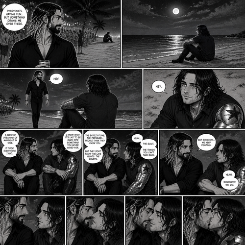 Seth Rollins is at a party,Then he sees Bucky sitting alone on the beach.He walks over to him. “Hey” said Seth. Bucky looked at him. “Hey” Said Bucky.Seth sits beside him.They talked to each other about their lives.During the chat Seth and Bucky began to move closer to each other