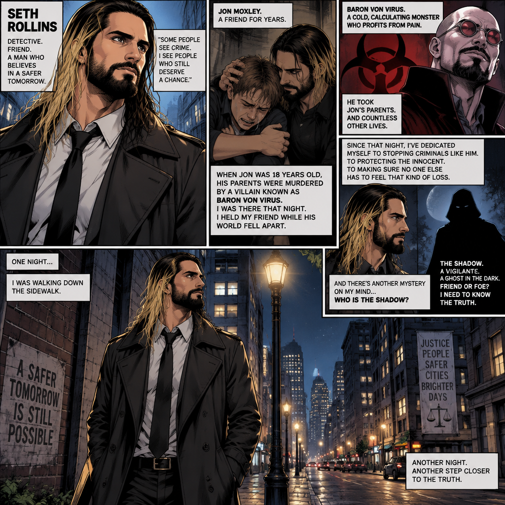 Seth Rollins is a detective. He and Jon Moxley had been friends for years. When Jon was 18 years old His parents were murdered by a villain known as Baron Von Virus. Seth comforted him that night. Ever since then Seth dedicated himself to stopping criminals like Baron Von virus and protecting the innocent. He was also trying to figure out the identity of a mysterious Vigilante known as the shadow. One night he walking down the sidewalk