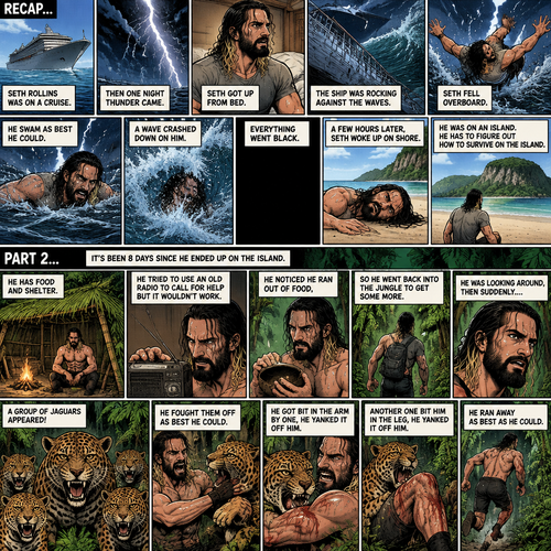 (Recap) Seth Rollins was on a cruise,then one night Thunder came,Seth got up from bed,The ship was rocking against the waves,Seth fell overboard,He swam as best he could,A wave crashed down on him,Everything went black,A few hours later,Seth woke up on shore,He was on an island,He has to figure out how to survive on the island. (And now part 2). It’s been 8 days since he ended up on the island. He has food and shelter. He tried to use an old radio to call for help but it wouldn’t work. He noticed he ran out of food,So he went back into the jungle to get some more. He was looking around,Then suddenly….A group of jaguars appeared! He fought them off as best he could. He got bit in the arm by one,He yanked it off him. Another one bit him in the leg,He yanked it off him. He ran away as best as he could. (End of part 2)