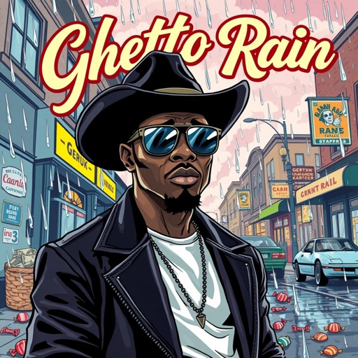 Album cover of a black man with a black cowboy hat and shades on standing in front of the Main Street in the hood. Rain falling down with candy and money everywhere and at the top the title spells ghetto rain 