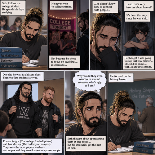 Seth Rollins is a college student. He spends his days studying,He never went to college parties. Not because he chose to focus on studying….it’s because…he doesn’t know how to connect with people…and…he’s very insecure about himself. It’s been that way since he was a kid. He thought it was going to stay that way forever….little did he know….that…is about to change. One day he was at a history class,Then two late students arrived. Roman Reigns (The college football player) and Jon Moxley (The bad boy on campus). They were the most popular students on campus and they were known as a power couple. Seth thought about approaching them at one point….but his insecurity got the best of him. “Why would they even want to be around someone who’s ugly as I am?” Seth thought to himself. He focused on the history lesson