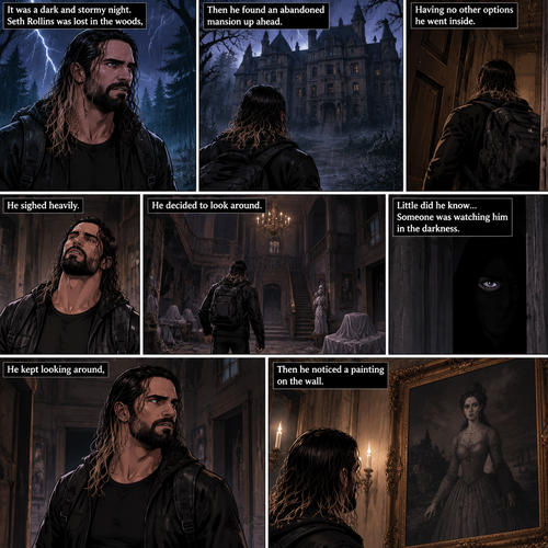 It was a dark and stormy night.Seth Rollins was lost in the woods,Then he found an abandoned mansion up ahead.Having no other options he went inside.He sighed heavily.He decided to look around,Little did he know…Someone was watching him in the darkness.He kept looking around,Then he noticed a painting on the wall