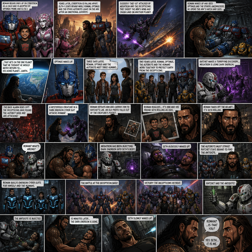 WWE Superstar Roman Reigns ends up on Cybertron as a child and ended up adopted by Optimus Prime and Elita-1.Years later Cybertron is falling apart,Elita-One stays behind while Roman,Optimus Prime and the other Autobots leave on the ark after an emotional goodbye.Then suddenly they get attacked by Megatron and the Decepticons.Then The Deceptions shoot the ark’s wing and Roman and Optimus and the other Autobots crash land on another planet.After A while Roman wake up and looks around and sees Optimus and the Autobots unconscious.Roman opens the Arks hatch and sees…That he’s on the one planet that he thought he would never return to…His home planet..Earth.Then Optimus wakes up.Roman explains to him that they’re on earth,Then bumblebee,Ratchet,Arcee,Jazz,Ironhide and wheel jack wakes up.Timeskip to 3 days later.They meet Three humans,Thier names are Jack,Miko and Raph.Timeskip to 2 years later.Roman and Optimus and the Autobots have been working along side Jack,Miko and Raph to protect earth from the Decepticons.Then Ratchet made a terrifying discovery…Megatron is using Dark energon.Then the base alarm went off.The Decepticons have found the Autobot base and were attacking them.Then a mysterious creature in a dark energon cyber suit attacks Roman.Roman manages to defeat him.The Decepticons realize they’re overwhelmed by the Autobots they retreat leaving the mysterious creature behind.Roman Carries the unconscious creature to Ratchet’s lab.As he puts him on the table an old picture falls out of his pocket.While ratchet Straps the unconscious mysterious creature to the table Roman looks at the photo.There’s two young boy on it,As Roman looked closely at the photo….He realizes that it’s him with a friend of his as kids, “No….It can’t be” said Roman. Optimus and Ratchet Noticed the look on his face, “Roman? What’s Wrong?” Asked Optimus. But Roman didn’t answer.He walked to the unconscious man,He takes off the Helmet…and sure enough…It was Seth Rollins (Roman and Seth are childhood friends in this story).Roman was shocked,Then tears stream down his face. “Seth..It is you” Roman said to him self.Optimus Gently hugged Roman from behind.Ratchet takes a sample of Seth’s blood to analyze it while Roman silently cries in Optimus’s arms and Arcee,Bumblebee,Wheeljack,Ironhide,Jack,Miko and Raph watch with sympathetic looks on their faces.20 Minutes later Ratchet returns with a grim look on his face.He has the results.Apparently Megatron has been injecting Dark energon into Seth’s body.Roman was Angry when he heard this.Then…Seth Suddenly wakes up and thrashing around and wanting to attack someone.His eyes and body were glowing with dark energon.Ratchet and Wheel Jack grabs him the straps him down on the table.It’s pretty clear…The Autobots must strike! They prepare for battle,Ratchet Volunteers to stay behind and find an antidote for the dark energon,Roman makes a cyber battle suit for himself,Jack,Miko and Raph…Filled with blue energon! Roman looks at Seth silently. “Don’t worry Seth…I’ll be back soon” Roman said to himself.They leave for the Decepticon base. Meanwhile Megatron was lecturing Starscream about his latest failure…Then the base alarm went off, Roman and Optimus and the Autobots and the humans were here.Then the battle ensued,Bumblebee and wheel jack took on sound wave,Arcee and Jack took on black arachnid,Miko and Raph took on Starcream and Optimus and Roman Took on Megatron.Eventually the Autobots and the humans were victorious.When they returned Ratchet was waiting for them…with the antidote for the dark energon!They all head to the lad where Seth was still thrashing around on the strapped table.Ratchet had to inject a sensitive into him.Seth Slipped back into unconsciousness after that.Ratchet went to get the antidote.Roman holds Seth’s hand while he waits.Ratchet returned with the antidote,He injected it into Seth.10 minutes later Roman hadn’t left his side.The dark energon in Seth’s body had long been cleared out,Then….Seth slowly wakes up,His eyes were back to normal,The first face he sees was Roman’s.he slowly recognizes him. “Roman?…Is that you?” Seth said softly.”Yes Seth…It is me” Roman said softly.