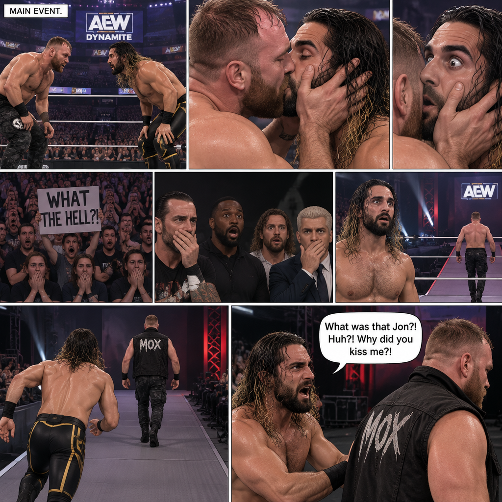 Jon Moxley and Seth Rollins were in a match against each other. It’s the main event. It seemed like it was gonna go on for a while…but then….something unexpected happened. Jon cupped his hands on Seth’s face….pulled him in…and kissed him. Seth’s eyes widened,The fans went crazy with shock,even some of the superstars that were watching were shocked. Jon then pulled away. Seth just stood there stunned. Jon didn’t say a word,he walked out of the ring and walked up the ramp. Seth eventually snapped out of it and left the ring to run to Jon. He managed to catch up to him. “What was that Jon?! Huh?! Why did you kiss me?!” Seth asked