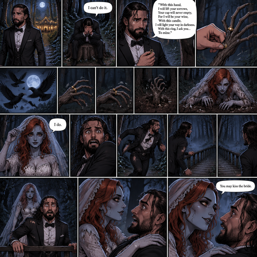 (Part 1 of the corpse bride,Seth x Becky style). Seth Rollins was walking in the woods alone at night after running away from a wedding rehearsal. After a while He sat at a tree stump,he puts his head in his hands. “I can’t do it” Seth said to himself. He took a deep breath. He began practicing his vows,”With this hand,I will lift your sorrows,Your cup will never empty,For I will be your wine,With this candle,I will light your way in darkness,With this ring,I ask you…To mine”. He puts the wedding ring on a tree branch that suspiciously looks like a ring finger. Then the crows flew by,Then….The branch the suspiciously looked like a hand…twitched. Then….The branch that suspiciously looks like a hand pulled itself underground. Seth got spoked when he saw that. Then…an undead woman in a wedding dress (Becky Lynch) crawled out from the ground. She stood up,Lifted her vail,Looked at Seth and said in a quiet voice “I do”. Seth got scared and ran further into the woods. The woman just slowly and calmly walked after him. While Seth was running his tuxedo jacket got caught in some branches and ripped. He kept running till he got to a bridge. He looked behind him…No one was there. He believed he lost her. He turned around to walk home…The undead bride was right there. Seth got spooked. He slowly backed away till his back hit the railing. The undead Bride slowly walked towards him. She gently placed her hands on his shoulders. “You may kiss the bride” said the bride