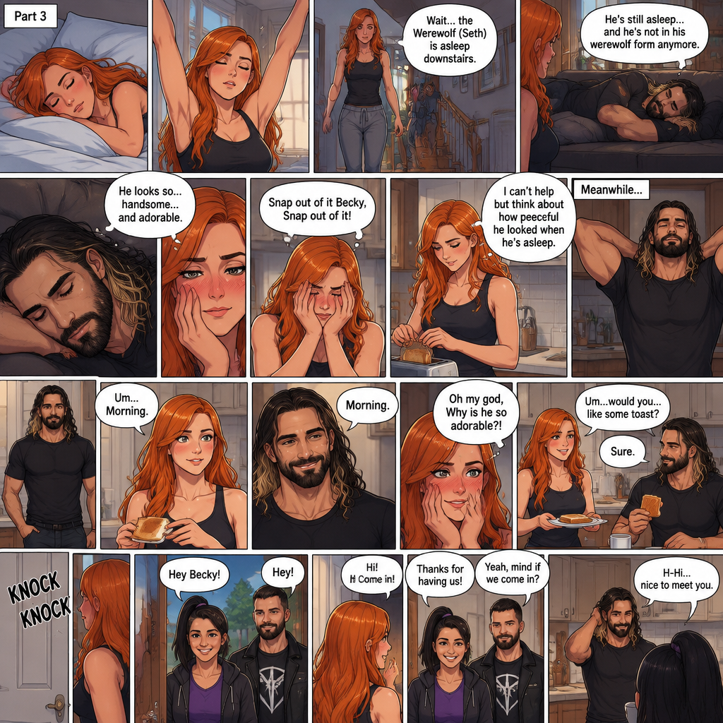 (Part 3 of the werewolf x human story) The next morning,Becky Lynch was asleep in her bed. Then she woke up. She got up and stretched her arms. She walked downstairs…then she remembered that the Werewolf (Seth Rollins) was asleep downstairs. She checked in on him. He was still asleep…and he wasn’t in his werewolf form anymore. She couldn’t help but look at him…and blush. “He looks so…handsome…and adorable” Becky said to herself. Then she shook her head. “Snap out of it Becky,Snap out of it” Becky said to herself. She quietly walked to the kitchen and made herself some toast. She couldn’t help but think about how peaceful he looked when he’s asleep. Meanwhile,The man woke up. He slowly gets up and stretched his arms,Then he walks to the kitchen. Becky notices him. “Um..Morning” Said Becky. The man Smiled softly. “Morning” The man said softly. “Oh my god,Why is he so adorable?!” Becky thought to herself. “Um…would you…like some toast?” Becky asked. “Sure” said the man. Becky makes some toast. They ate. Then there was a knock on the door. Becky opened the door…it’s Bayley..and Finn Bálor. They say hello. Becky says hello back. They asked if they can come in. She lets them in. They walked inside. They noticed the man in her kitchen. The man said hello awkwardly