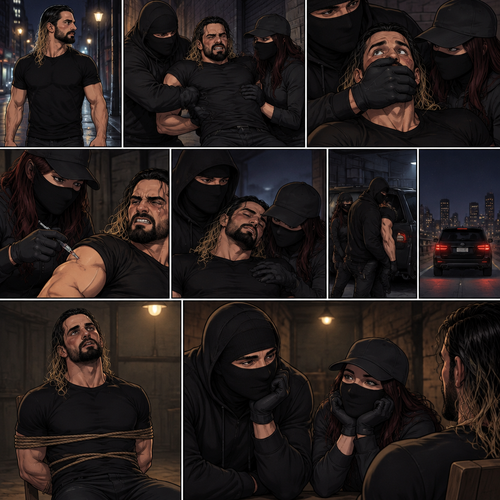 Seth Rollins was walking alone at night,Then…as he walked past an alley…A man and a woman in masks grabbed him.They dragged him to the alleyway,Seth struggled.The masked man covered Seth’s mouth before he could call for help.Seeing that Seth was still struggling The masked woman injected a sedative into his body,despite his best efforts to resist it Seth slowly drifted in unconsciousness.The masked man then carried Seth to his car with the masked Woman following behind,They got in and drove away.The next morning Seth Slowly regained consciousness,He was in a basement tied to a chair,The masked man and the masked woman were sitting in front of him…looking at him…as if he was the most precious thing in the world to them