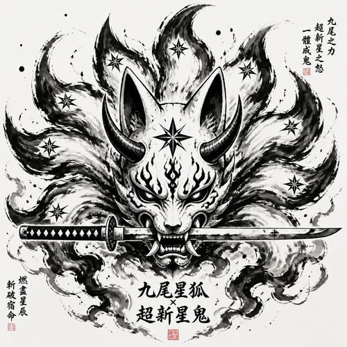 Fuse 9 tail star fox and super nova oni into a oni style mask with katana in the mouth of the mask horizontally. Full picture Only show the final product 