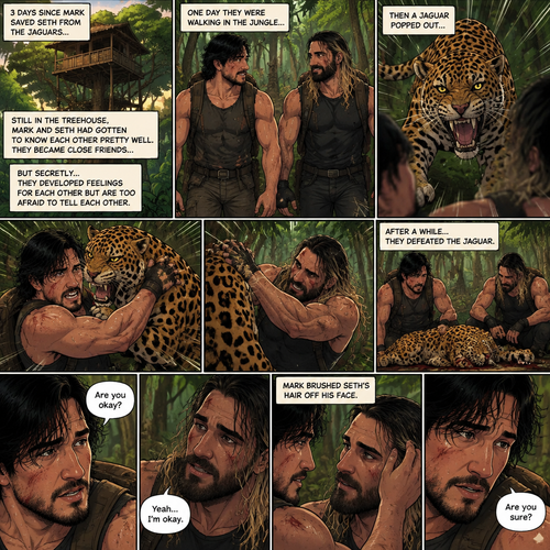 (part 3). 3 days Since Mark Saved Seth from the jaguars,Still in the treehouse,Markiplier (The Wild man) and Seth Rollins had gotten to know each other pretty well. They became close friends…But secretly…they developed feelings for each other but are too afraid to tell each other. One day They were walking in the jungle,Then a jaguar popped out,It attacked. They fought it off. After a while they defeated the jaguar. “Are you okay?” Asked Mark. “Yeah…I’m okay” Said Seth. Mark brushed Seth’s hair off his face. “Are you sure?” Asked Mark