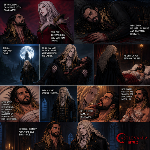 WWE superstar Seth Rollins as a vampire in Castlevania (Netflix series).He was Carmilla’s loyal companion…Till she betrayed him and left him to die.he was weakened.He just layed there and accepted his fate…Then…A long came Alucard.He lifted Seth up in his 
Arms and walked to his castle.After he got there He gently put Seth on the bed.After about an hour Seth woke up.His wounds were all bandaged up.He had no idea how he got here and then Alucard entered the room.He Fed Seth Some of his blood.Seth is very grateful and Thankful for Alucard for saving him.Seth has been by Alucard’s side ever since