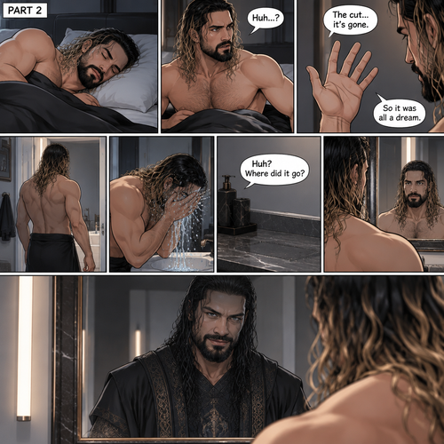 (Recap) Seth Rollins Was walking in the forest near his house,he discovered a statue of a sorcerer (Roman Reigns),he finds a hole on it,then he accidentally cuts his hand,A little bit of his blood dripped in the hole,then it broke apart…revealing the sorcerer himself,Seth was shocked,the sorcerer grabbed Seth’s wrist and pulled him closer,He looked at Seth’s eyes,then he used a spell to make Seth sleep,then he lifted Seth in his arms. (And now part 2). Seth was asleep on his bed,then he woke up. He sat up confused. He looked at his hand…the cut was gone. “So it was all a dream” Seth said to himself. He got up and walked to the bathroom,then he splashed cold water on his face. He reached for his hairbrush….it wasn’t there. “Huh? Where did it go?” Seth asked himself. He looks at the mirror….and sees the sorcerer