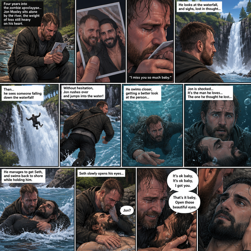 (Recap) Still in the Zombie Apocalypse. Seth Rollins’s world was still black after he fell down a waterfall and hit the water,The his body coughed out water,Then a familiar voice faded in saying “It’s ok baby,It’s ok baby,I got you”,he slowly opened his eyes,the familiar voice spoke again saying “That’s it baby,Open those beautiful eyes”,his vision cleared,he sees Jon Moxley looking down at him and holding him with tears of joy in his eyes,”Jon?” Seth asked weakly. (And now part 3) (This is Jon Moxley’s POV). Jon was sitting down on a log near the river alone looking sad. He looked at a romantic photo of Him and Seth before the zombie apocalypse began. Jon thought Seth died the day the zombie apocalypse began 4 years ago. Tears streamed down Jon’s face,He gently kissed the photo he’s holding. “I miss you so much baby” Said Jon. He looked at the waterfall,He sighed,Then….He sees someone falling down the waterfall and hitting the water. He rushes over and jumps in the water,As he swam closer he got a better look at the person….Jon was shocked….It was the man he loved…The one he thought he lost….Seth Rollins. He swam faster and managed to Get Seth,He swam back to shore while holding Seth