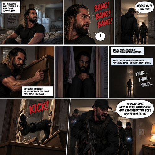 Seth Rollins was living in a run down apartment,Then he heard loud banging from the lobby,Then he heard a man shouting. “SPEAD OUT! FIND HIM!” Said the voice.Seth got spooked,He barricaded the door and hid in his closet.There were sounds of doors being kicked outside,Then the sounds of footsteps approached Seth’s apartment door,The door was kicked open. “Spread out! He’s in here somewhere and remember the boss wants him alive” said a voice
