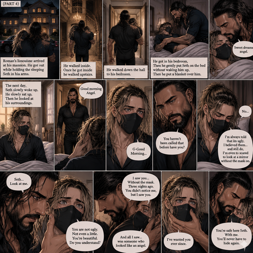 (Recap) Seth Rollins is a waiter at a restaurant,He’s wearing a mask that covers his face because all his life he was told he was ugly and he believed them,He’s also was even too afraid to look at mirrors,Then Roman Reigns (Mafia Boss) and his men walked in,Seth was nervous but walked over here,Roman wrapped his arm around Seth’s waist and pulled him onto his lap,Seth gasped softly,Roman stated that he’s been looking for him,He got up with Seth in his arms and walked to his limousine,He put Seth on the seat,Then he got in and sat beside him,The driver drove away,Roman Wrapped his arm around Seth,”Don’t be scared Seth,I won’t hurt you” Roman Said softly. Seth slowly relaxed,Roman gently rubbed Seth’s back,Seth fell asleep,Roman gently traced the mask on Seth’s face,”If only you knew how beautiful you are” Roman said Softly,3 nights ago Seth was taking out the trash outside his apartment,Roman happened to walk by without Seth noticing,The mask somehow slipped off Seth’s face,He panicked and picked it up and put it back on,Roman briefly saw Seth’s face,He didn’t see an ugly person,he saw someone who looked like an angel,He wanted him ever since. (And now part 4). Roman’s limousine arrived at his mansion. He got out while holding the sleeping Seth in his arms. He walked inside,Once he got inside he walked upstairs. He walked down the hall to his bedroom. He got in his bedroom,Then he gently put Seth on the bed without waking him up,Then he put a blanket over him. He gently kissed Seth’s forehead. “Sweet dreams angel” Roman said softly. The next day,Seth slowly woke up. He slowly sat up,Then he looked at his surroundings. The bedroom door opened and Roman walked in. “Good morning Angel” Roman said softly. Seth blushed a little under the mask. “G-Good Morning” Seth said softly and nervously. Roman walked towards him. “You haven’t been called that before have you?” Roman asked. Seth lowered his head with a sad look on his face. “No” said Seth. “I’m always told that im ugly,I believed them…and still do,I’m even to scared to look at a mirror without the mask on” Seth admitted