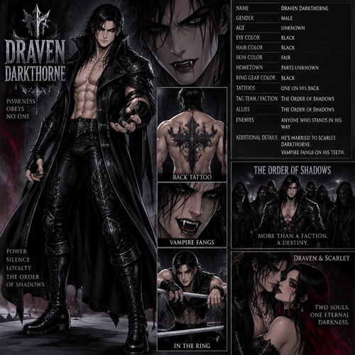 WWE wrestler oc info card Draven Darkthorne

Gender:m
Age:Unknown
Eye Color:Black
Hair Color:Black
Skin Color:Fair
Hometown:Parts unknown
Ring gear Color:Black
Tattoos:One on his back
Tag team/Faction:The order of shadows
Allies:The order of shadows
Enemies:Anyone who stands In his way
Additional details:He’s married to Scarlet Darkthorne,Vampire fangs on his teeth