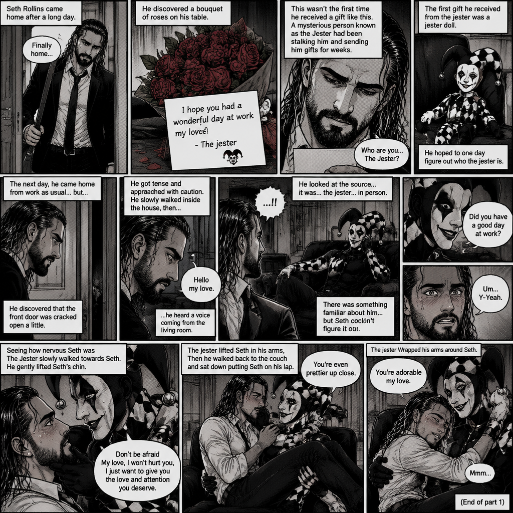 Seth Rollins came home after a long day,He discovered a bouquet of roses on his table. He reads the card,it says “I hope you had a wonderful day at work my love!-The jester”. This wasn’t the first time he received a gift like this. A mysterious person known as the Jester had been stalking him and sending him gifts for weeks. He was never able to figure who this person is. The first gift he received from the jester was a jester doll. He hoped to one day figure out who the jester is. The next day,he came home from work as usual….but….he discovered that the front door was cracked open a little. He got tense and approached with caution. He slowly walked inside the house,then….he heard a voice coming from the living room “Hello my love”. He looked at the source….it was…the jester….in person,Sitting on Seth’s couch. There was something familiar about him…but Seth couldn’t figure it out. “Did you have a good day at work?” Asked the Jester. Seth was a little nervous. “Um…Y-Yeah” said Seth. Seeing how nervous Seth was The Jester slowly walked towards Seth. He gently lifted Seth’s chin. “Don’t be afraid My love,I won’t hurt you,I just want to give you the love and attention you deserve” the jester said softly. Seth blushed a little. The jester lifted Seth in his arms,Then he walked back to the couch and sat down putting Seth on his lap. “You’re even prettier up close” the jester said softly. Seth’s heart fluttered. The jester Wrapped his arms around Seth. “You’re adorable my love” The jester said softly. Seth hummed softly. They cuddled on the couch. (End of part 1)