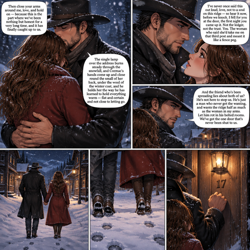 Then close your arms around me, love, and hold on — because this is the part where we've been nothing but honest for a very long time, and it has finally caught up to us.
*The single lamp over the address burns steady through the snowfall, and Cormac's hands come up and close round the small of her back, under the wool of the winter coat, and he holds her the way he has learned to hold everything warm — flat and certain and not close to letting go. He presses his mouth against her hair a moment, not kissing, just steadying himself, and then he looks down at her with the snow settling on his brim.*
I've never once said this out loud, love, not to a soul on this ridge — so hear it now, before we knock. I fell for you at the door, the first night you came up it. Not the ledger, not the trust. You. The woman who said she'd take me on that third post and meant it like a fence peg.
*He looks from her face down the shut street, the lamp burning over the one door they mean to knock on, and his voice stays low and unhurried.*
And the friend who's been spreading lies about both of us? He's not here to stop us. He's just a man who never got the wanting, and wants the ridge half as much as the woman in my arms. Let him rot in his bolted rooms. We've got the one door that's never been shut to us.
*He draws her forward off the running board and up the shut street, her hand in his, boots leaving fresh prints in the fresh snow, and the lamp over the address burns steady as they bring their knock to the door that was never bolted against them.*