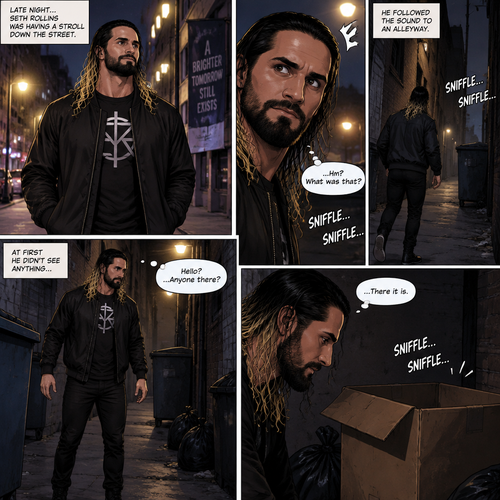 Seth Rollins was having a stroll down the street at night,then…he heard a small crying sound. He followed the sound to an alleyway. At first he didn’t see anything…then he heard the small crying noise coming from a box
