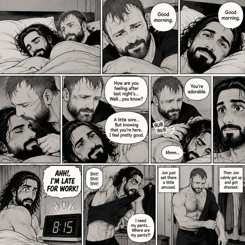 (Part 5). Still at Jon Moxley’s house. The next morning,Seth Rollins was asleep in Jon’s bed after last night’s activity. After a while Seth woke up,Jon was awake Before Seth was. “Good morning” Jon said softy. “Good morning” Seth Said Softly. Jon gently kissed Seth’s forehead. “How are you feeling after last night’s…Well..you know?” Jon asked. “A little sore…But knowing that you’re here..I feel pretty good” Seth said Softly. Jon gently rubbed Seth’s back. Seth hummed softly. Jon smiled softly. “You’re adorable” Said Jon. Seth blushed a little. Seth then looked at the alarm clock…then his eyes widened in horror…it was 8:15. “AHH!,I’M LATE FOR WORK!” Seth yelled then scrambled out of bed to get dressed. Jon just sat there a little amused. Seth was getting dressed frantically. Jon calmly got up and got dressed