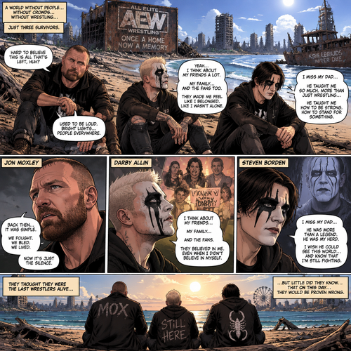 It’s a post apocalyptic world,There was no one walking down on the land….well….except for three AEW wrestlers! Jon Moxley,Darby Allin and Steven Borden (Sting’s son).They worked together side by side in this post apocalyptic world.They thought they were the last wrestlers alive….but little did they know…that on this day….they would be proven wrong.It was a sunny afternoon,Jon,Darby and Steven were just sitting near a beach talking and reminiscing about the time before this world became barren.Steven was reminiscing about his dad and how much he misses him,Darby was reminiscing about his friends,His family and the fans at AEW