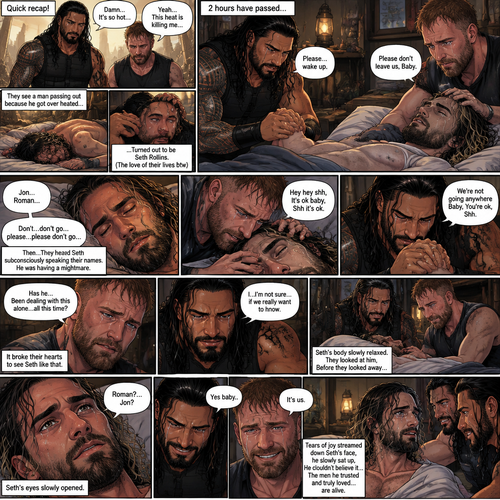 (Quick recap!) Roman reigns and Jon Moxley are in a post apocalypse,They complained about the heat,They see a man passing out because he got over heated,Turned out to be Seth Rollins (The love of their lives btw),They take him to their base and cool them off. (Now onto part 2!).2 hours have passed,Seth was still unconscious,Roman and Jon never left his side.Roman Gently held Seth’s hand. “Please…wake up” Roman pleaded softly.Jon gently stroked Seth’s head.”Please don’t leave us,Baby” Jon pleaded softly.Then….They heard Seth subconsciously speaking their names “Jon…Roman”. “Don’t…don’t go…please…please don’t go” Seth Said in his subconscious.He was having a nightmare. “Hey hey shh,It’s ok baby,Shh it’s ok” Jon said softly. “We’re not going anywhere Baby,You’re ok,Shh” Roman said softly. Seth’s body slowly relaxed.It broke their hearts to see Seth like that.Jon’s voice cracked a little while he spoke. “Has he…Been dealing with this alone…all this time?” Jon asked.Roman couldn’t even bear the thought of it. “I…I’m not sure…if we really want to know” said Roman.They looked at Seth,Before they looked away….Seth’s eyes slowly opened,He spoke softly “Roman?…Jon?”. They smiled of joy and relief. “Yes baby” Roman said softly. “It’s us” Jon said softly.Tears of joy streamed down Seth’s face,he slowly sat up,He couldn’t believe it…The men he trusted and truly loved…are alive