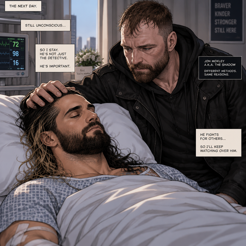 (Part 2 of the Vigilante x detective story). The next day,Seth Rollins (The detective) was still unconscious. Jon Moxley (A.K.A The vigilante known as the shadow) was watching over him. He gently stroked Seth’s head