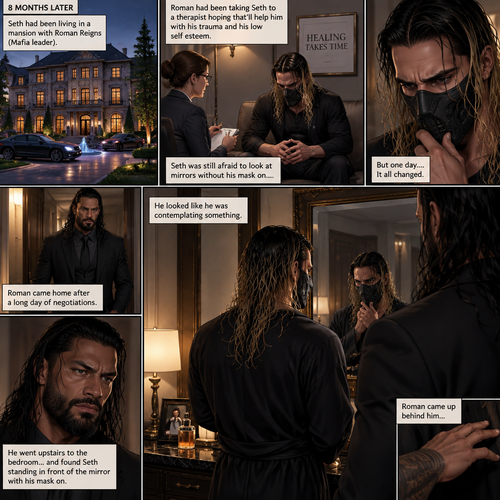 (Part 5 of the mafia angel,A Rolleigns story). 8 months later,Seth Rollins (He’s still wearing a mask) had been living in a mansion with Roman Reigns (Mafia leader). Roman had been Taking Seth to a therapist hoping that’ll help him with his trauma and his low self esteem. Seth was still afraid to look at mirrors without his mask on….But one day….It all changed. Roman came home after a long day of negotiations. He went upstairs to the bedroom…and Found Seth standing in front of the mirror with his mask on. He looked like he was contemplating something. Roman came up behind him