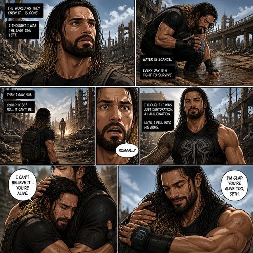 WWE superstar Seth Rollins in a post apocalyptic world trying to survive.He thought he was the only sane person left…. But he was wrong.One while was looking for water….He saw a familiar face…it was Roman Reigns.He thought he was hallucinating from dehydration…Till he fell into Roman’s arms.He realized…Roman was actually here.”I can’t believe it….you’re alive” Said Seth.Roman just simply smiled and Held Seth