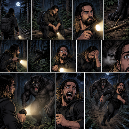 Seth Rollins was lost in the middle of the woods at night,The only this has right now is a backpack and a flashlight.He was about to take a break…then he heard something stepping on a twig.He looked around for the source pointing his flashlight,Then he heard something moving in the woods,He was looking frantically.He was about to give up….then he felt something breathing on him,his heart was beating loudly,He turned around slowly while pointing his flashlight…it was….A werewolf!!.Seth Yelled in fear and ran.The werewolf chased after him