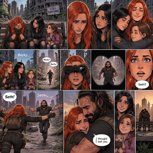 (Recap)It’s a zombie apocalypse,It’s been that way for 6 years,Becky lynch is surviving with two people,A teenager named Raven and a little girl named Sophie,They used to be part of a group…but they got wiped out by Bandits and Zombies,Becky,Raven and Sophie were the only ones that managed to escape.m,They’re currently walking in the city,They sat down on a bench to take a break,They were silent for a while,Then Becky started to cry,Raven and Sophie were concerned,Becky felt like nothing she did was good enough and that she couldn’t save anyone even the man she loved,Raven and Sophie were sad to see Becky like this,They reassured her,Becky smiled softly,They all hug each other. (And now part 2). Becky,Raven and Sophie were still sitting on the bench. Then…they heard a faint voice calling Becky’s name. They looked…and see a figure running towards them and calling Becky’s name in the distance. Becky grabbed her binoculars to see who it is. She couldn’t believe it…it was…The man she loved…the one who she thought she lost…Seth Rollins. Becky lowered her binoculars,her eyes widened in shock. “Seth?” Becky asked. Becky smiled and tears of joy rolled down her face. She ran towards him calling his name. They got to each other and hugged each other and cried tears of joy. “I thought I lost you” Becky said through her tears