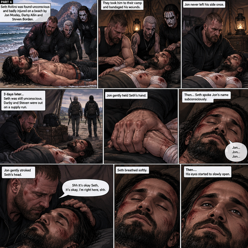 Part 4 of the apocalypse story.Seth Rollins was found unconscious and badly injured on a beach by Jon Moxley,Darby Allin and Steven Borden (Sting’s son).They took him to their camp and bandaged his wounds.Jon never left his side once.3 days later,Seth was still unconscious,Darby and Steven were out on a supply run,Jon stayed by Seth’s side for the past three days.Jon gently held Seth’s hand,Then…Seth Spoke Jon’s name subconsciously “Jon…Jon…Jon”.Jon gently stroked Seth’s head. “Shh It’s okay Seth,It’s okay,I’m right here,shh” Jon whispered.Seth breathed softly,Then….His eyes started to slowly open