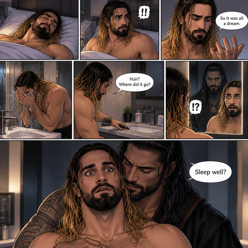 (Recap) Seth Rollins Was walking in the forest near his house,he discovered a statue of a sorcerer (Roman Reigns),he finds a hole on it,then he accidentally cuts his hand,A little bit of his blood dripped in the hole,then it broke apart…revealing the sorcerer himself,Seth was shocked,the sorcerer grabbed Seth’s wrist and pulled him closer,He looked at Seth’s eyes,then he used a spell to make Seth sleep,then he lifted Seth in his arms. (And now part 2). Seth was asleep on his bed,then he woke up. He sat up confused. He looked at his hand…the cut was gone. “So it was all a dream” Seth said to himself. He got up and walked to the bathroom,then he splashed cold water on his face. He reached for his hairbrush….it wasn’t there. “Huh? Where did it go?” Seth asked himself. He looks at the mirror….and sees the sorcerer. Seth gasped. The sorcerer grabs Seth from behind. “Sleep well?” Asked the sorcerer. Seth was too stunned to speak