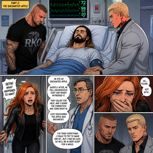 Part 2 of the enchanted apple story.Seth Rollins is now at the hospital Still unconscious after eating the enchanted apple with Randy Orton and Cody Rhodes by his side.Then Becky Lynch showed up after getting the call about Seth being in the hospital,She was in tears.She asked the doctor what happened to him.The doctor tells her what happened from the Apple,To Seth falling unconscious,To Cody and Randy witnessing it,To the doctor hearing the commotion,To Cody discovering the apple was enchanted ”I’ve tried everything I could to try to wake up…but I had no luck,So he’ll be in deep sleep for a while” Said the doctor. Becky cried,While Randy and Cody just looked sad