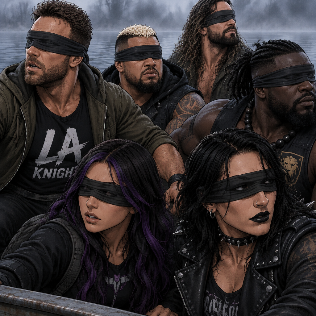 LA Knight,Solo Sikoa,Seth Rollins,Oba Femi,Rhea Ripley and Ari Stone (My wrestler oc) in Bird box