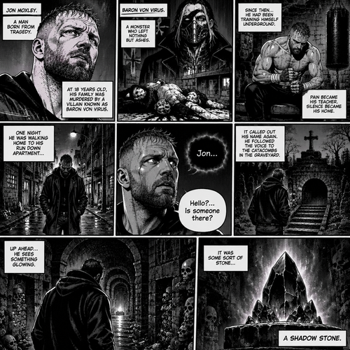 Jon Moxley as a vigilante born from tragedy. When he was 18 years old his family was murdered by a villain known as Baron Von Virus. Since then he had been training himself underground. One night he was walking home to his run down apartment…then he heard a mysterious voice call out his name. “Hello?…Is someone there?” Jon asked. It called out his name again. He followed the voice to the catacombs in the graveyard. Up ahead…He sees something glowing. It was some sort of stone…a shadow stone