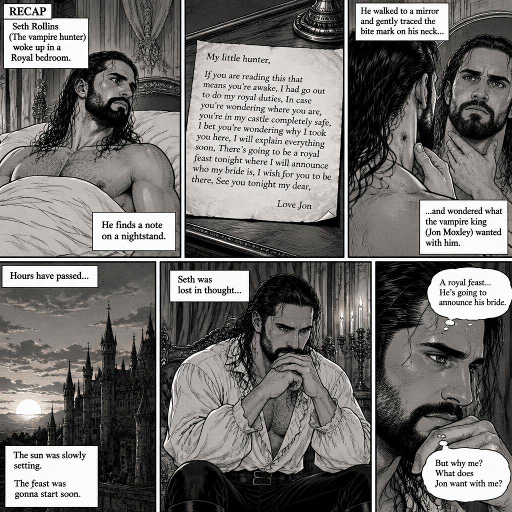 (Recap) Seth Rollins (The vampire hunter) woke up in a Royal bedroom,He finds a note on a nightstand that says “My little hunter,If you are reading this that means you’re awake,I had go out to do my royal duties,In case you’re wondering where you are,you’re in my castle completely safe,I bet you’re wondering why I took you here,I will explain everything soon,There’s going to be a royal feast tonight where I will announce who my bride is,I wish for you to be there,See you tonight my dear, Love Jon”,Then he walked to a mirror and gently traced the bite mark on his neck and wondered what the vampire king (Jon Moxley) wanted with him. (And now part 3). Hours have passed,the sun was slowly setting,The feast was gonna start soon. Seth was lost in thought