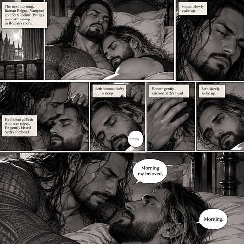 (Part 3 of the Vampire x Butler story). The next morning,Roman Reigns (Vampire) and Seth Rollins (Butler) were still asleep in Roman’s room. Roman slowly woke up. He looked at Seth who was asleep. He gently kissed Seth’s forehead. Seth hummed softly in his sleep. Roman gently stroked Seth’s head. Seth slowly woke up. “Morning my beloved” Roman said softly. “Morning” Seth said Seth