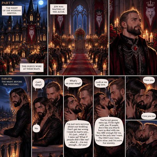 (Recap) Seth Rollins (The vampire hunter turned Bride of the Vampire king) Reunited with his long lost brother Aj Styles,Time skip to 3 days before the wedding,Seth and Jon Moxley (Vampire King) were still preparing,Aj helped out,The night before Aj had told Jon and Seth that he’s a werewolf,Seth and Jon were shocked but were happy that Aj was being honest with them,Seth was on the balcony Looking at the view and Looking nervous about the wedding,Jon appeared behind him checking in on him,“Can’t sleep?” Jon asked,“No” Said Seth,Jon wrapped his arms around him,“What’s on your mind?” Jon asked,”I’m just very nervous about our wedding,Don’t get me wrong I want to marry you…It’s just….what if I mess up? What if people don’t like me?…what if…..I’m not enough….for you?” Said Seth,”Look at me my love” Jon said softly,Seth looked up at him,”You’re not gonna mess up,I’ll be right with you,If people don’t like you they’ll have to deal with me,You ARE enough for me,You’re the only one I want,The ONLY one i love,You’re mine..and I’m yours,For eternity” Jon said softly,Seth’s heart fluttered,Jon kissed him softly,”I love you” Jon said Softly,”I love you too” Seth said softly,They kissed again. (And now part 9) The night of the wedding arrived,The guests were at their seats. Jon was waiting at the altar