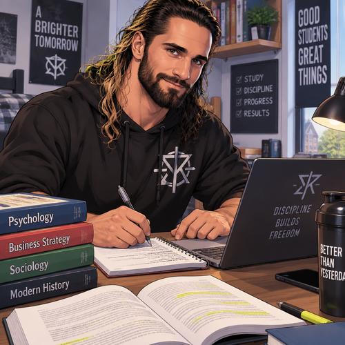 Seth Rollins is a college student.He spends his days studying.