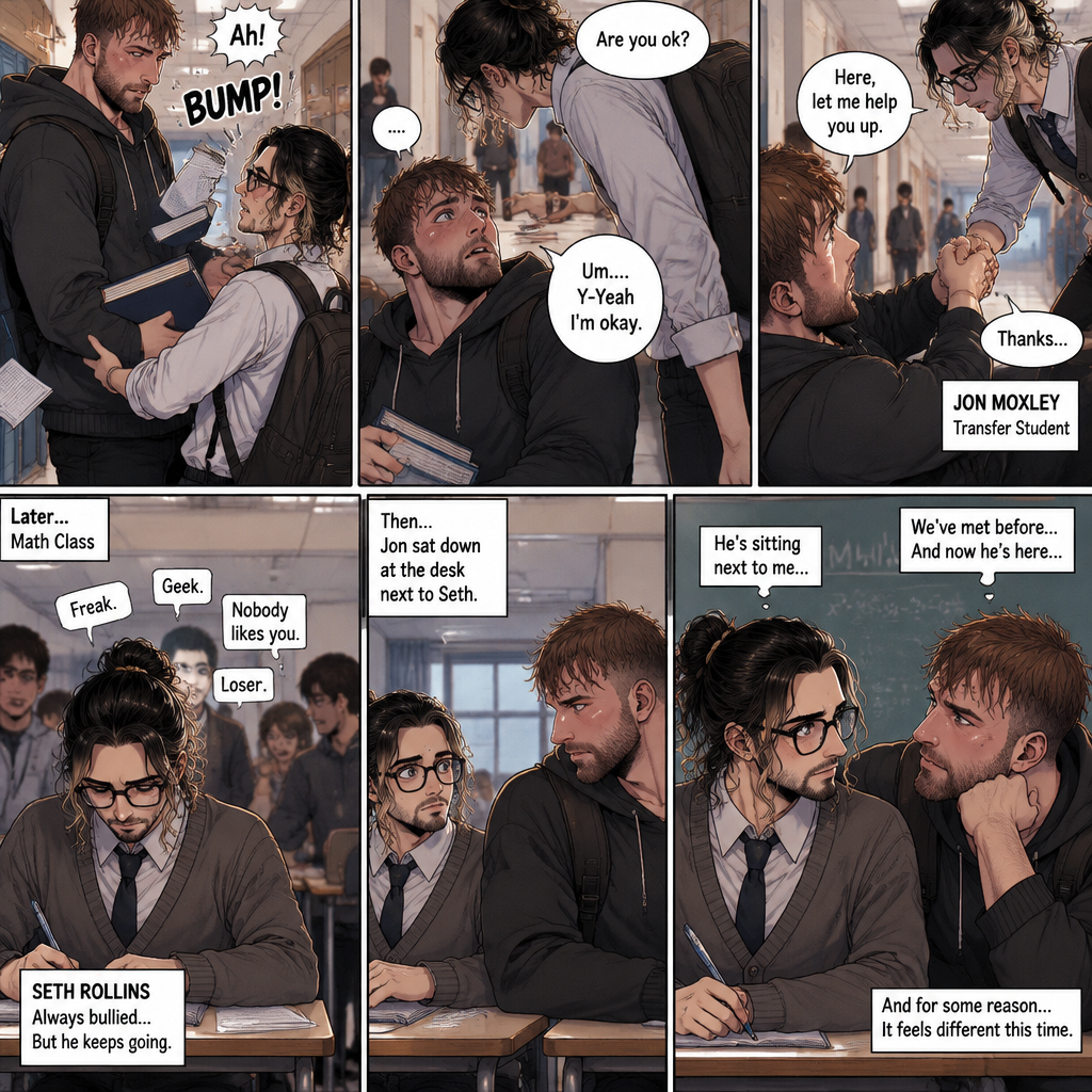 (Yandere x Nerd). Seth Rollins is a nerd in high school,He was bullied by popular students. He sat alone at a desk during math class….Then a long Came Jon Moxley (A transfer student). He sat down at the desk Next to Seth. They’ve met before this moment. Minutes earlier,Jon was walking down to his first class…Then Seth accidentally bumped into him and Jon fell down. He looked up at Seth….And saw his face. “Are you ok?” Seth asked. “Um….Y-Yeah I’m okay” Said Jon. Seth helped Jon stand up