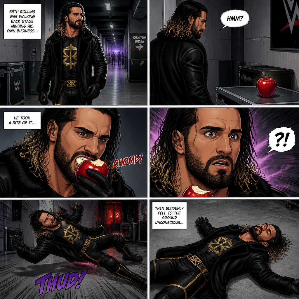 Seth Rollins was walking back stage minding his own business,Then he saw a red apple.He took a bite of it…Then suddenly fell to the ground unconscious
