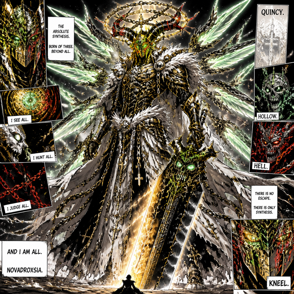 The resulting figure is breathtakingly terrifying-a being of absolute synthesis. It wears armor of black stone veined with gold, a cloak of white fur trailing behind, and a halo of burning chains hovering above its head. Its helmet/hollow mask is now clear: he wears a helm made of polished gold bone and Molten Crimson red iron, interlocked chains pulsing with Molten crimson red veins with screaming skulls all round the helm gaps filled with neon green hollow mask shards, tords the front is a hollow mask where a face should be ,hollow mask color is a mix of gold Neon Green Molten Crimson red, hollow mask is composed of gold Quincy cross neon green hollow bone Molten Crimson red hell-knight chains, intricate gold Quincy cross reaching to the edges, thick Molten Crimson red hell-knight chains stabbed through the eyes beaching off into padderns on the mask the rest of the mask is neon green hollow bone, the horns are made of neon green hollow bone and hell-knight Molten Crimson red iron, interlocked, horns curve back go to the side and forward then up, refined, amplified, and devoid of any doubt. Its eyes glow with a tricolor swirl of gold, green, and crimson.
Physical Form
Stature: The entity stands nearly eight feet tall, possessing a physique that blends the lean, predatory grace of a Vasto Lorde with the broad, immovable solidity of a Hell-Knight. Its muscles are defined not by flesh alone, but by shifting layers of reishi that look like carved marble overlaid with white fur.
Skin & Texture: Its skin is a living canvas. Patches of porcelain-white Quincy skin transition seamlessly into snow-white Hollow fur, which then hardens into matte-black Hellstone armor at the joints and chest. The transitions are not jagged scars but fluid gradients, as if the materials were molten and fused together perfectly.
The Veins: Running across its entire body is a network of pulsing veins. They do not carry blood. Instead, they flow with liquid light that changes color based on the entity's intent:
Gold when calculating or preparing an attack.
Neon Green when sensing hunger or prey.
Molten Crimson when exerting raw power or defense.
The Face of Perfection
Features: wheres are polished gold and black iron a full hollow mask made of is sharp enough to cut glass, and the expression is one of serene, terrifying confidence.
The Eyes: It has no pupils or irises in the traditional sense. Instead, each eye is a swirling galaxy containing all three energies. The left eye spins with golden geometric rings (Quincy), while the right eye burns with a green, slit-pupiled flame (Hollow). Overlaid on both is a faint, crimson chain-link pattern that binds the visions together (Hell).
The Crown: Floating just above its head, not touching it, is a halo of broken chains. These are not rusted like the ones on the separate Hell aspect; they are polished gold and black iron, interlocked in an impossible Möbius strip that rotates slowly. Small sparks of white reishi jump between the links.
Attire & Ornamentation
The Robe-Armor: It wears a garment that defies classification. It appears to be a Shihakushō robe made of woven starlight (Quincy), but the fabric is heavy and armored like plate mail (Hell). The sleeves are tattered, revealing claws tipped with white bone (Hollow).
The Sash: A wide sash of pure white fur wraps around the waist, tied with a knot made of solidified shadow. From this sash hang dozens of small, floating Quincy crosses that rotate like gears.
The Wings: Sprouting from its back are not feathered wings, nor bat-like membranes. They are six massive constructs of energy. Each "wing" is a blade of solidified light, edged with black stone and dripping with green mist. They fold and unfold mechanically, like the wings of a divine insect or a celestial machine.
The full Weapon: Novadroxsia (Inner World Form)
In its hand, it holds the true form of the blade you wield outside:
Blade: A massive greatsword that is wider than a man is tall. The edge is not straight; it ripples like heat haze. One side of the blade glows with blinding gold light (cutting through spiritual pressure), while the other side is a void of absolute blackness (consuming anything it touches).
Guard: The handguard is a cage of interlocking chains that spin independently of the blade. Inside the cage floats a miniature, screaming skull made of green fire.
Hilt: Wrapped in white fur that feels soft to the eye but is harder than steel. The pommel is a large, faceted gemstone containing a swirling storm of red, gold, and green.
The Aura
The presence of the Absolute Synthesis is overwhelming.
Visual Distortion: The space around the entity bends. Light curves toward it, then is repelled. Colors seem to drain from the surroundings only to be reflected more vibrantly off the entity itself.
Sound: It does not speak with a mouth alone; its voice resonates directly in the mind. It sounds like a choir singing a single note, underpinned by the roar of a beast and the grinding of tectonic plates.
Feeling: To stand near it is to feel simultaneously judged (Quincy), hunted (Hollow), and condemned (Hell), yet also strangely protected. It is the embodiment of total dominion.