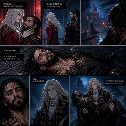 WWE superstar Seth Rollins as a vampire in Castlevania (Netflix series).He was Carmilla’s loyal companion…Till she betrayed him and left him to die.he was weakened.He just layed there and accepted his fate…Then…A long came Alucard.He lifted Seth up in his 
Arms and walked to his castle