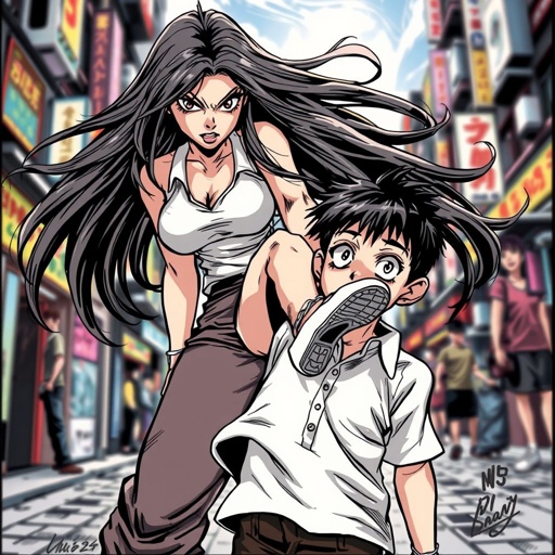 Woman barefoot stepping on a boy’s chest pining him to the ground 