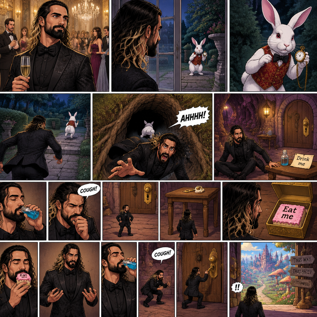 Seth Rollins was at a fancy party,Then he sees a white rabbit outside.It’s wearing a fancy vest and holding a pocket watch and it’s looking at him.Then it starts hopping away and Seth followed it.The rabbit kept hopping and Seth kept following,Until the rabbit jumped down the rabbit hole.Seth looked in the hole…Then he leaned in to far and started falling down the hole. “AHHHH!” Seth Yelled.He kept falling and falling,Till eventually he landed on the bottom.He looked at his surroundings,then he noticed a small door in front of him.He turned around and noticed a small table behind him,there’s a small potion on top of it and with a note attached to it that says “drink me”.He took the potion and took a sip,He coughed a little,Puts the potion back and shrinks (literally).He ran to the door and turned the handle…Its locked.He found the key…and it’s…the table,He’s too small to reach it.he looks around for a solution,Then he sees a box,He opens it,inside is a square shaped cake with writing on it that says “Eat me”.He eats it…and then grows (literally).He grabs the key,Drinks the potion again,Coughed and shrinks (Again literally).He runs to the door and unlocks it with the key,He opens the door.He’s shocked by what he finds.End of part 1