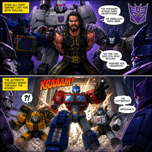 WWE superstar Seth Rollins getting captured by the Decepticons.When all hope seemed lost for Seth Rollins…The Autobots suddenly burst through the doors!