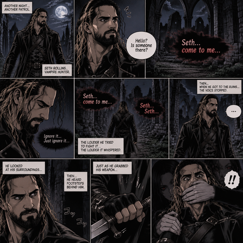 Seth Rollins is a vampire hunter,One night he was out on patrol…then….he heard someone…softly call out his name. “Hello?,Is someone there?” Seth called out. He saw nothing….then he heard it again,He tried to ignore it…but the voice softly spoke again “Seth…come to me”. He couldn’t ignore it anymore,he followed the voice. Each time he tried to fight it…the voice would grow in loud whispers,Then….when he got to the ruins…the voice stopped. He looked at his surroundings,Then…he heard footsteps behind him. Just as he grabbed his weapon…a hand grabbed his wrist from behind and another hand covered his mouth from behind
