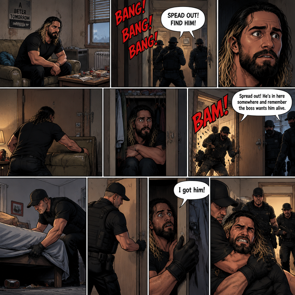 Seth Rollins was living in a run down apartment,Then he heard loud banging from the lobby,Then he heard a man shouting. “SPEAD OUT! FIND HIM!” Said the voice.Seth got spooked,He barricaded the door and hid in his closet.There were sounds of doors being kicked outside,Then the sounds of footsteps approached Seth’s apartment door,The door was kicked open. “Spread out! He’s in here somewhere and remember the boss wants him alive” said a voice. They looked around the apartment.Seth keeps quiet.One of them looked in Seth’s room,He looked under the bed,Then….He walked to the closet.Seth’s heart was beating loudly.The man…opened the door,Spotted Seth and grabbed him before Seth could do anything. “I got him!” Said the man.Seth Struggled.The others walked in the bedroom